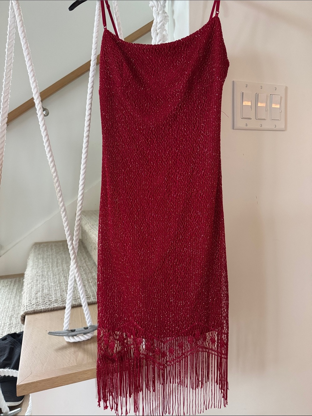 City Triangles thin straps Red Fringe Knit Dress